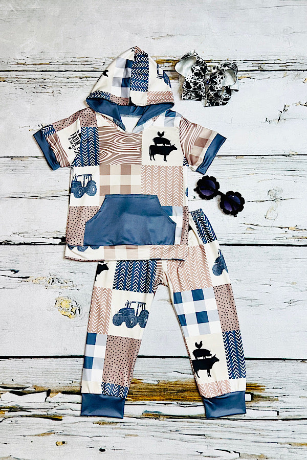 "Farm Life Is the Best Life" Blue & Tan Unisex 2pc Hoodie Pant outfit