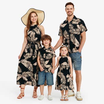 Mom and Me Tropical Palm Leaf Brown Black Boy Shirt
