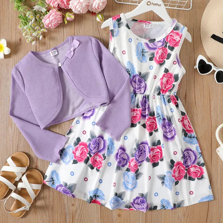 Girls Floral Dress with Purple Sweater