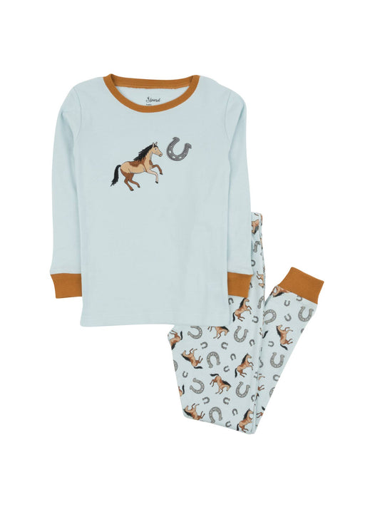 Kids Two Piece Cotton Pajamas Blue Horse