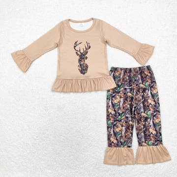 Baby Girls Fall Camo Deer Top Ruffle Pants Clothes Sets