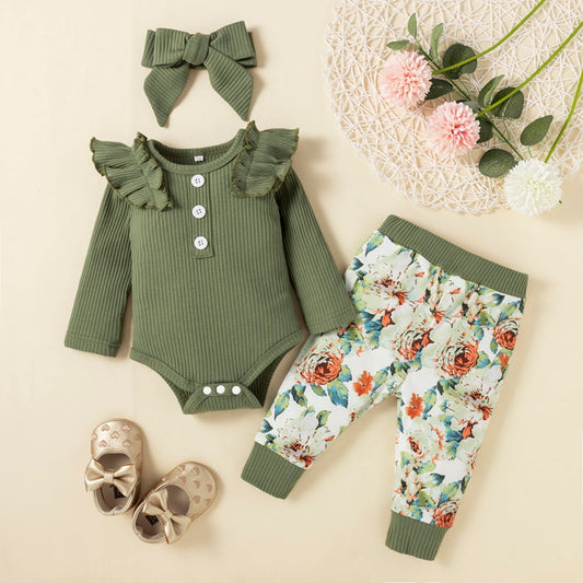 Rose Floral 3pc Long Sleeve Romper Set