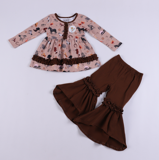 Western girl 2 pc Outfit with Bellbottoms and brown ruffles