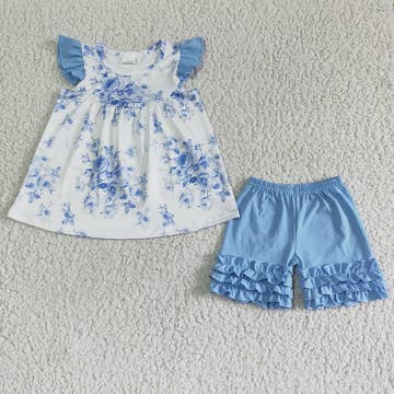 Floral Blue Pearl Ruffle 2pc Short Set