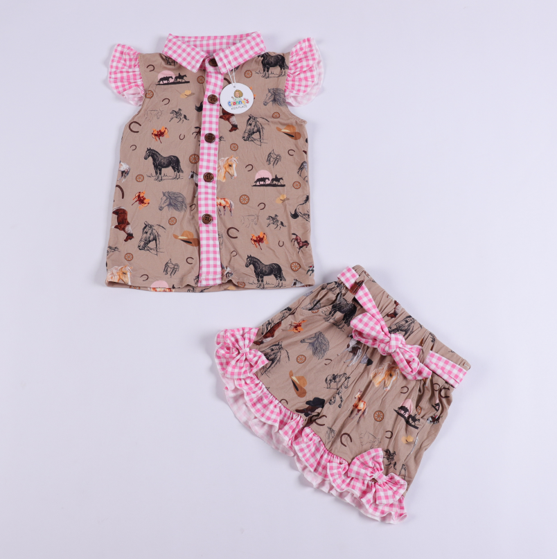 Western girl 2 pc short Outfit with Pink gingham