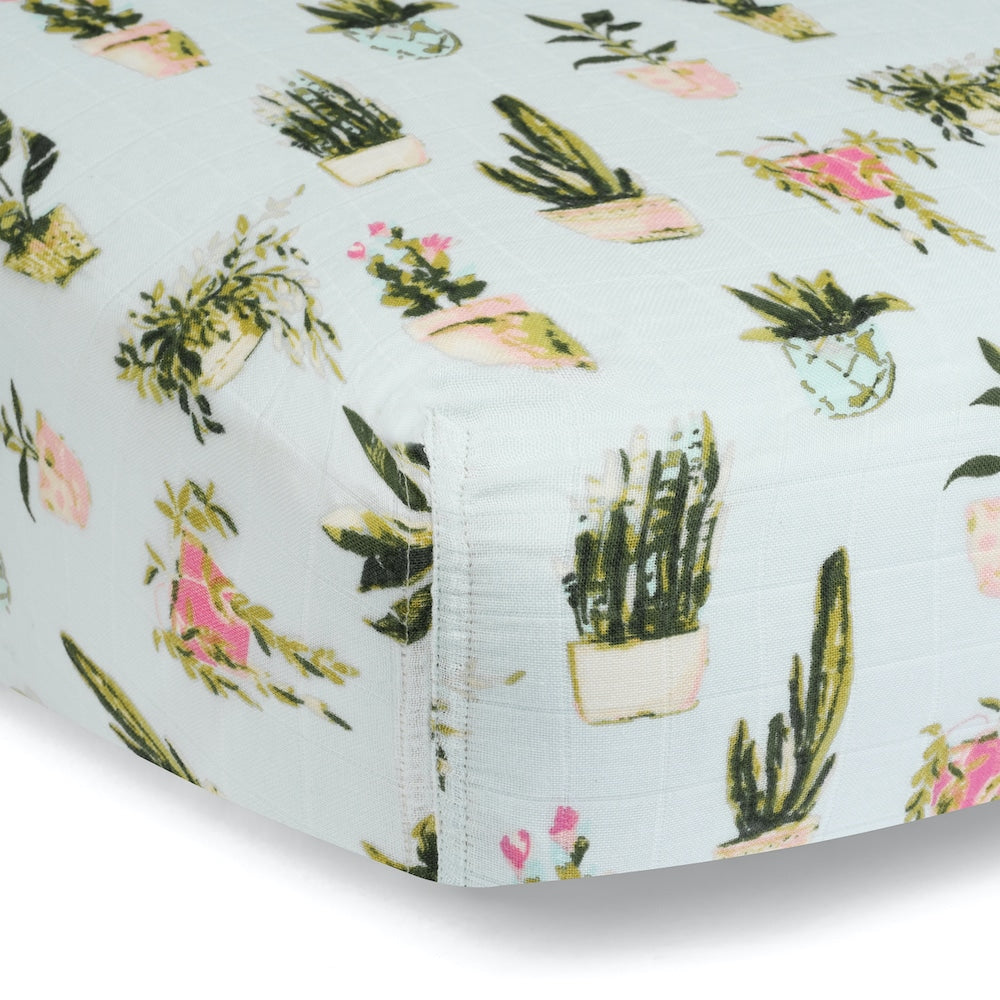 Potted Plants Bamboo Muslin Fitted Crib Sheet