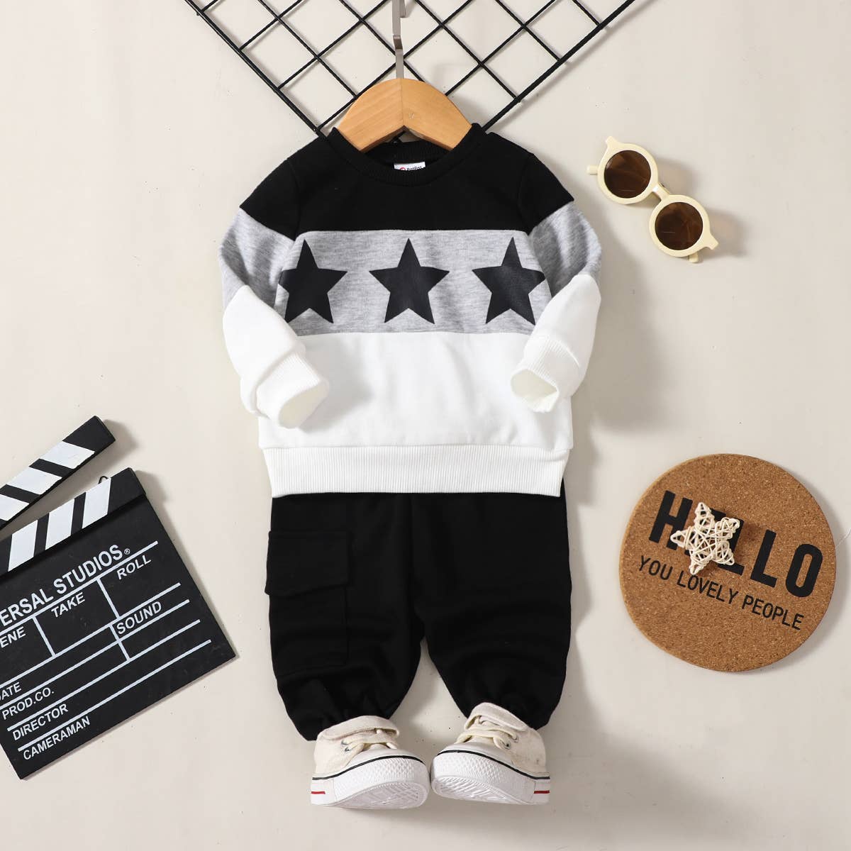 2pcs Baby Boy/Girl Long- and Solid Sweatpants Set