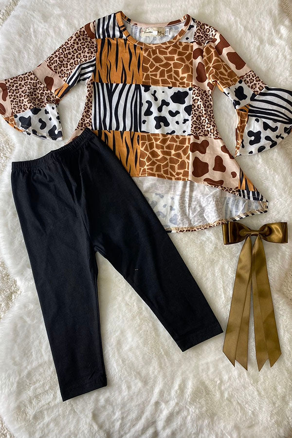 Animal Prints High-Low Top Black Legging Set