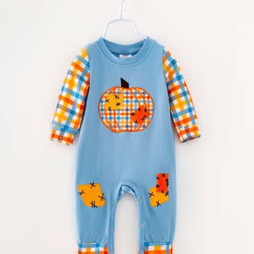 Blue Plaid Pumpkin Patch Baby Boy Romper