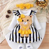 Fuzzy Teddy Bear Black and White Striped Dress w/headband