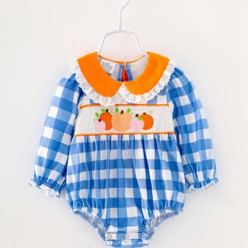 Blue Plaid Ruffle Smocked Baby Girl Romper