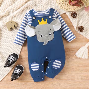 Elephant & Stripe Pattern Boy Overalls